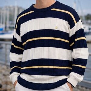 Vintage Nautica Sweater XXL Blue White Stripe Crewneck Cotton Pullover Hong Kong